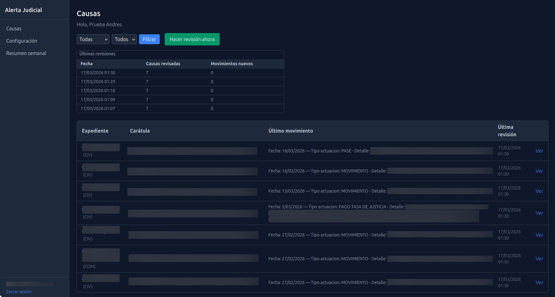 Dashboard Alerta Judicial — tabla de causas con últimos movimientos