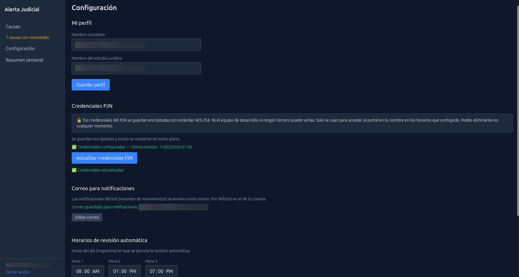 Pantalla de configuración — credenciales PJN y horarios