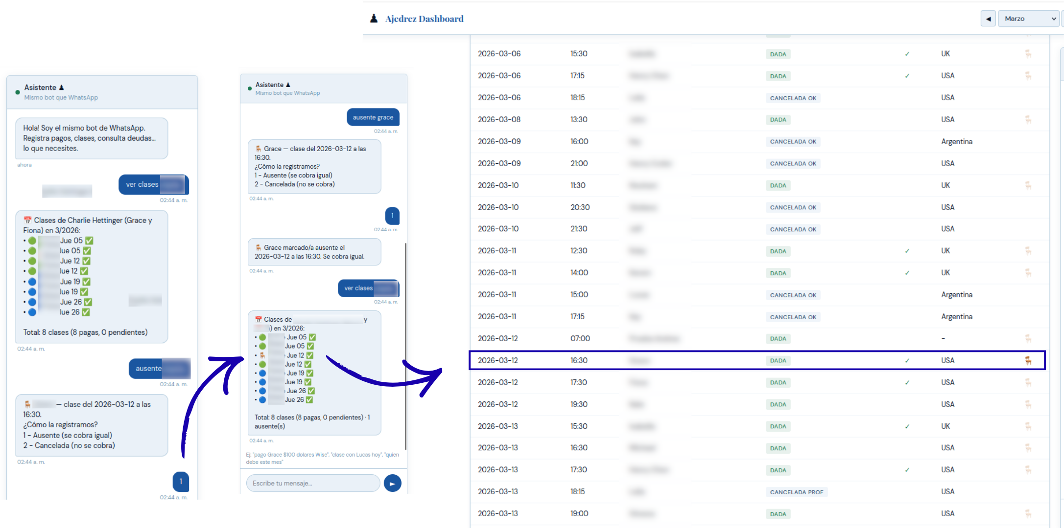 Dashboard — tab Clases con chat embebido