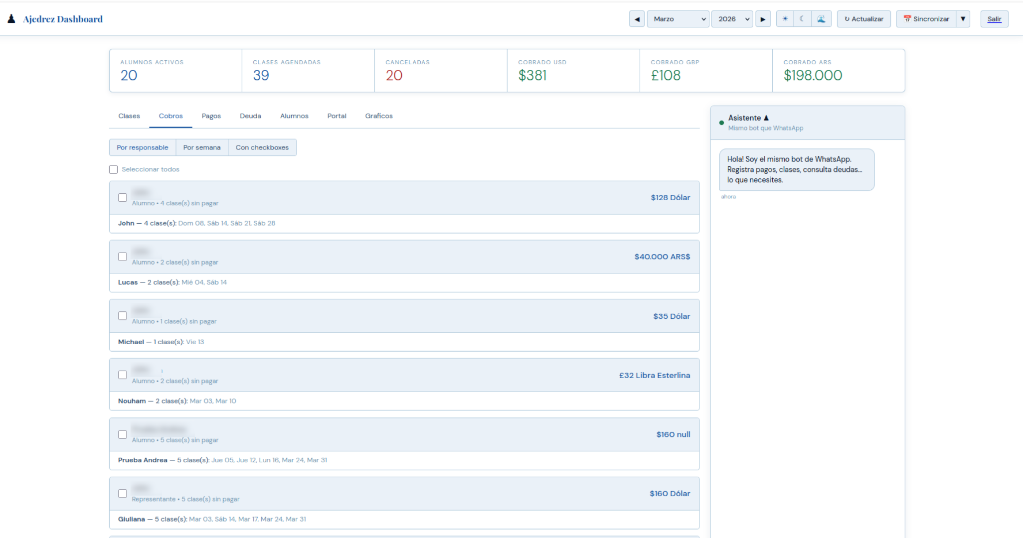 Asistente Ajedrez — Dashboard de cobros multi-moneda