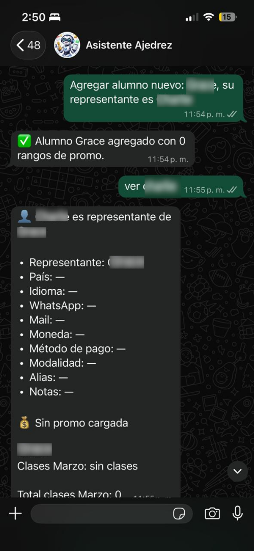 WhatsApp — agregar alumno y asignar representante